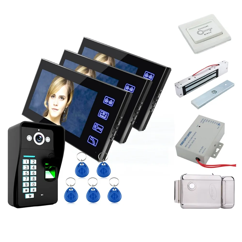 

Home Touch Key 7" LCD Fingerprint Video Door Phone Intercom System Doorbell With fingerprint access control 1 Camera + 3 Monitor