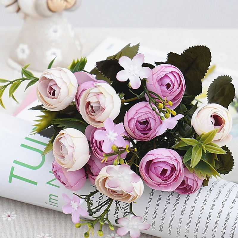 

5 Forks 13 Heads Bud Small Rose Silk Artificial Flowers For Wediing Home Tabler Vase Decoration Simulation Flower