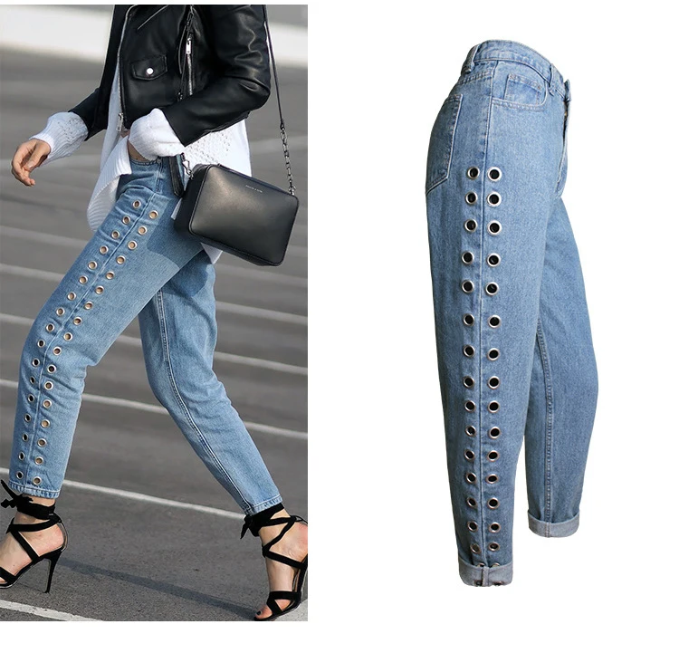 Women's Street 2018 New Europe and America BF Wind High Waist Loose Pants Rivets Openwork Metallic Eyes Jeans (3)