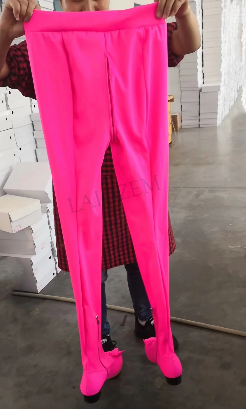 LAIGZEM Novelty Women Pants Boots Chunky Block Heels Stretch Long Boots Cosplay Club Show Botines Femme Mujer Big Size 4-14 (5)