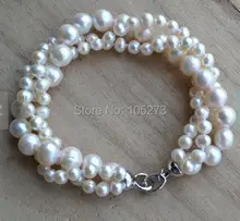 Nueva Pulsera 3 Filas de La Perla del Arriver 8 ”5-9mm Naturales Brazalete de Perlas de Agua Dulce Blanco de La Perla Joyería de La Boda damas de honor de La Joyería