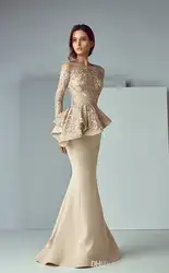 Robe de soiree Формальное Шампанское кружево пятно вечернее платье 2019 Mordern с длинным рукавом Дубай Арабский Платье-Русалка для выпускного