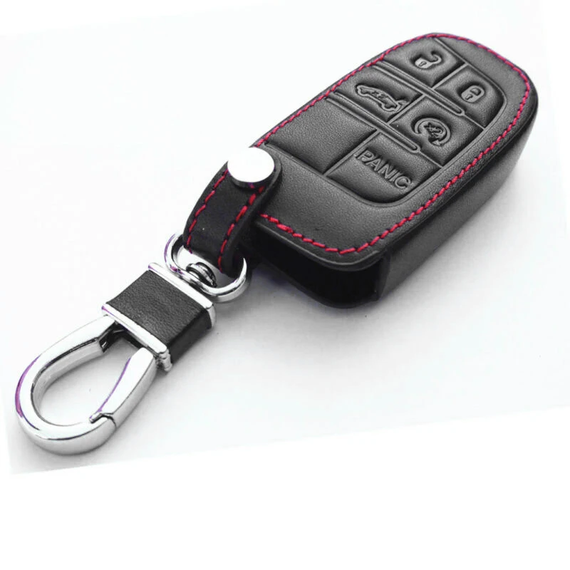 

5-Button Leather Smart Key Chain Holder Cover Remote Fob For Jeep Dodge Chrysler