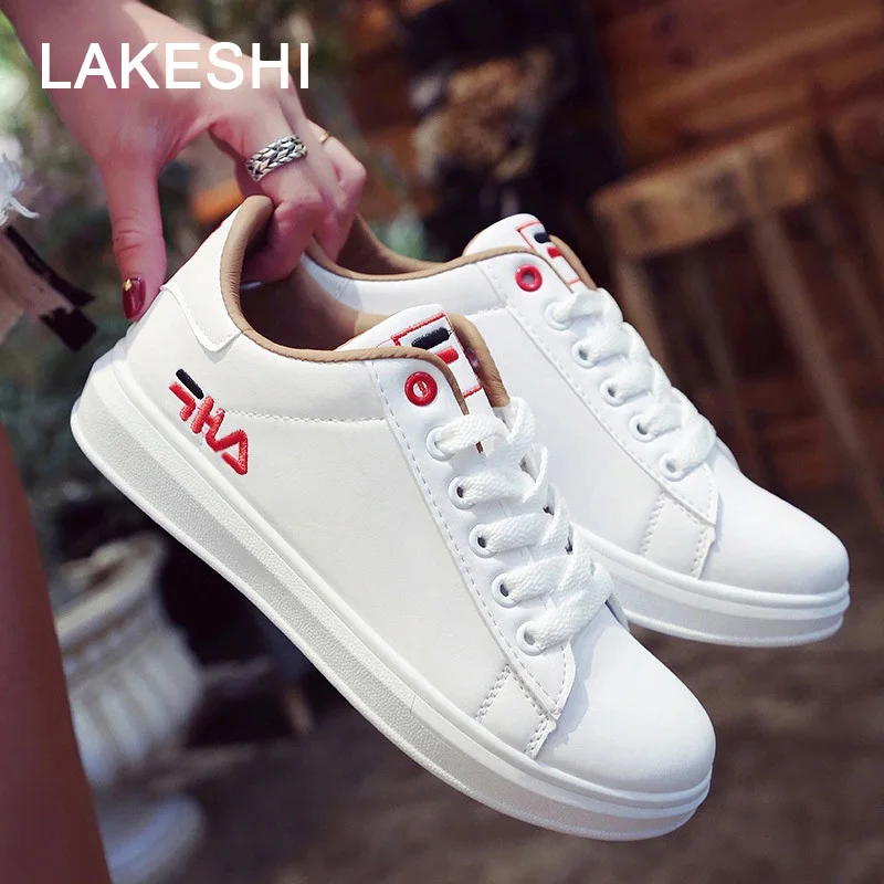 

LAKESHI 2018 New Casual Shoes Women's Spring Flat Platform Shoes White Sneakers Pu Leather Tennis Shoes Woman Vulcanized Shoes