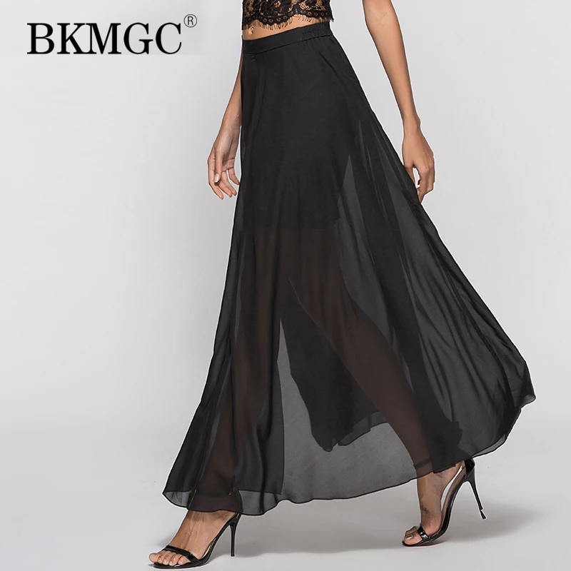 

2019 New Women Quality Black Chiffon Long A Line Skirt Summer Sexy Large Hem Skirts Female Blue Chiffon Skirt Clothing