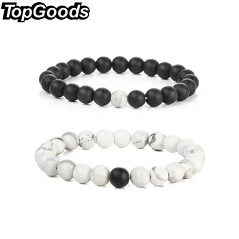 

TopGoods 2 PCS/Set Lovers Bracelet Stone Jewelry Black White 8mm Thunder Pattern Valentine's Gift Beads Bracelet For Women Men