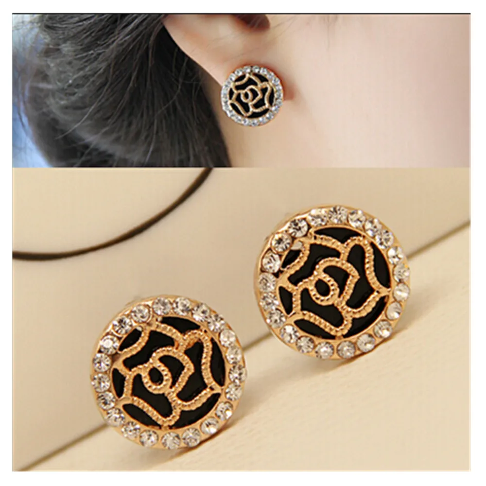 

EK615 New Girl Brincos Bijoux Love Round Rose Flower Crystal Stud Earrings For Women Wedding Jewelry Pendientes