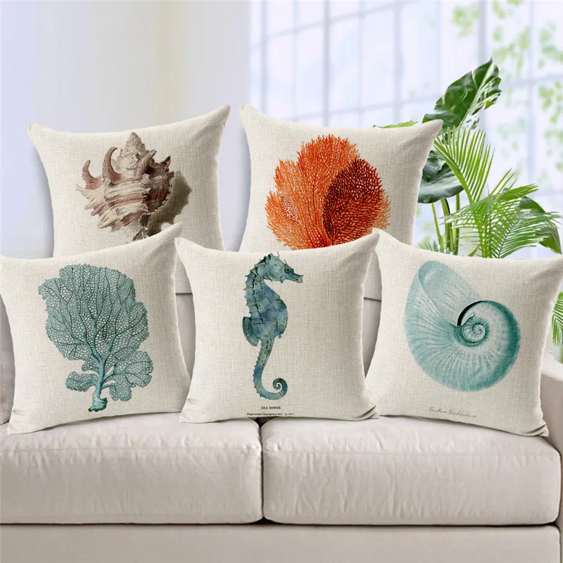 

2016 Mediterranean Style Coral Pillowcase Linen Conch Starfish Cushion Cover Shedd Aquarium Marine Biology Octopus Pillow Covers