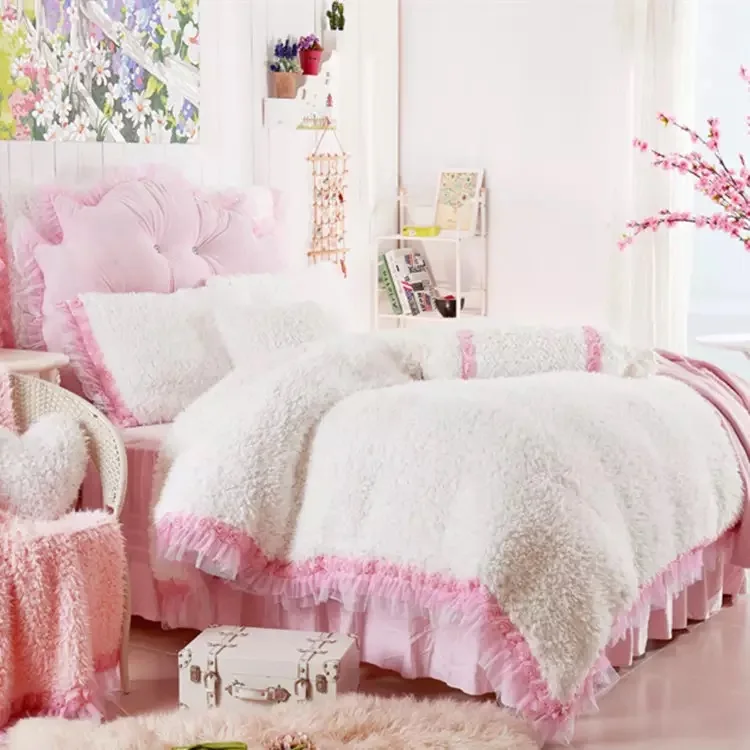 

Cashmere Princess Style White PINK Wedding Home Bedding 4pcs Set king size Soft Warm Winter CoralFleece DuvetCover Bedkirt Sets