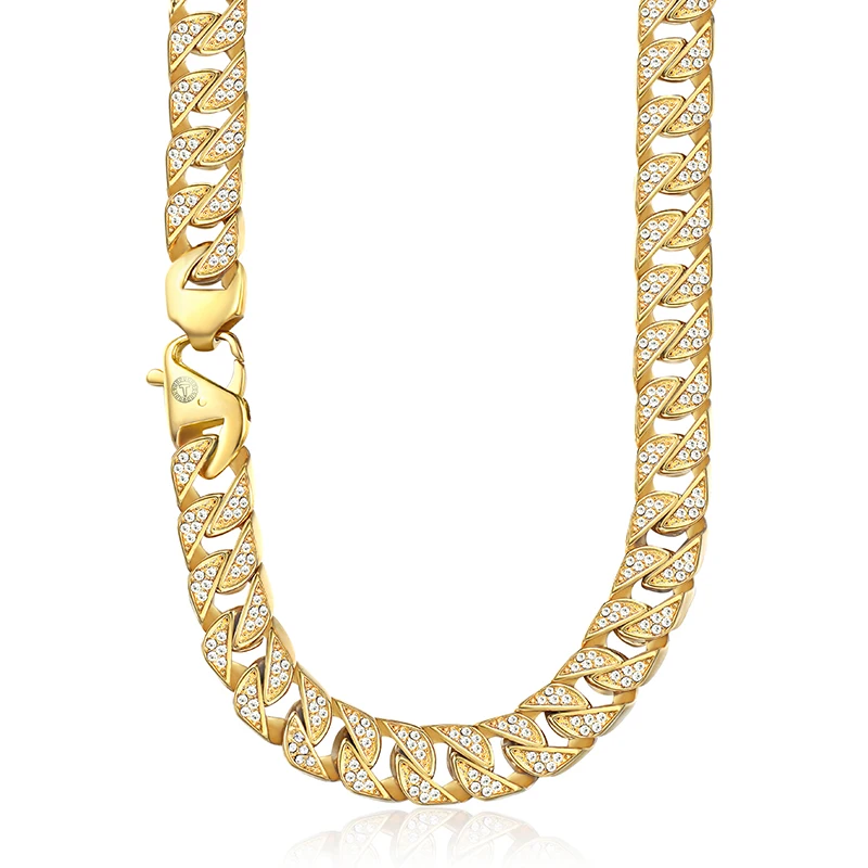 Iced Out CZ Men's Necklace Gold 316L Stainless Steel Miami Curb Chain