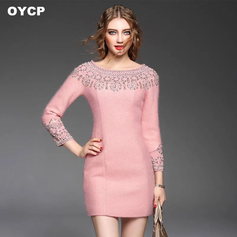 

Women Autumn Winter Wool Dress Ladies Bodycon Slim Beading Diamond Dress Ladies Elegant Full Sleeve A Line Dress 2019