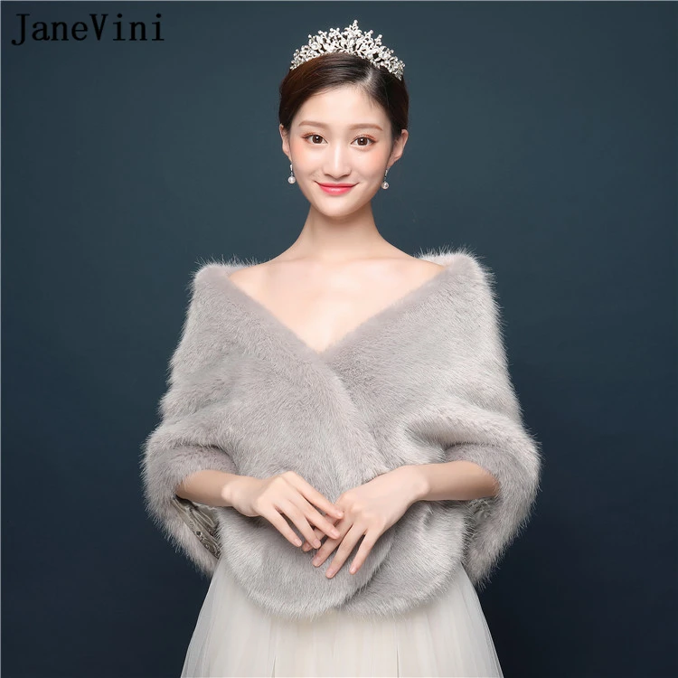 JaneVini 2019 Elegant Gray Wedding Cloak Bridal Bolero Winter Wraps Coat Stoles Faux Fur Shawls for Brides Vestido Blanco Mujer