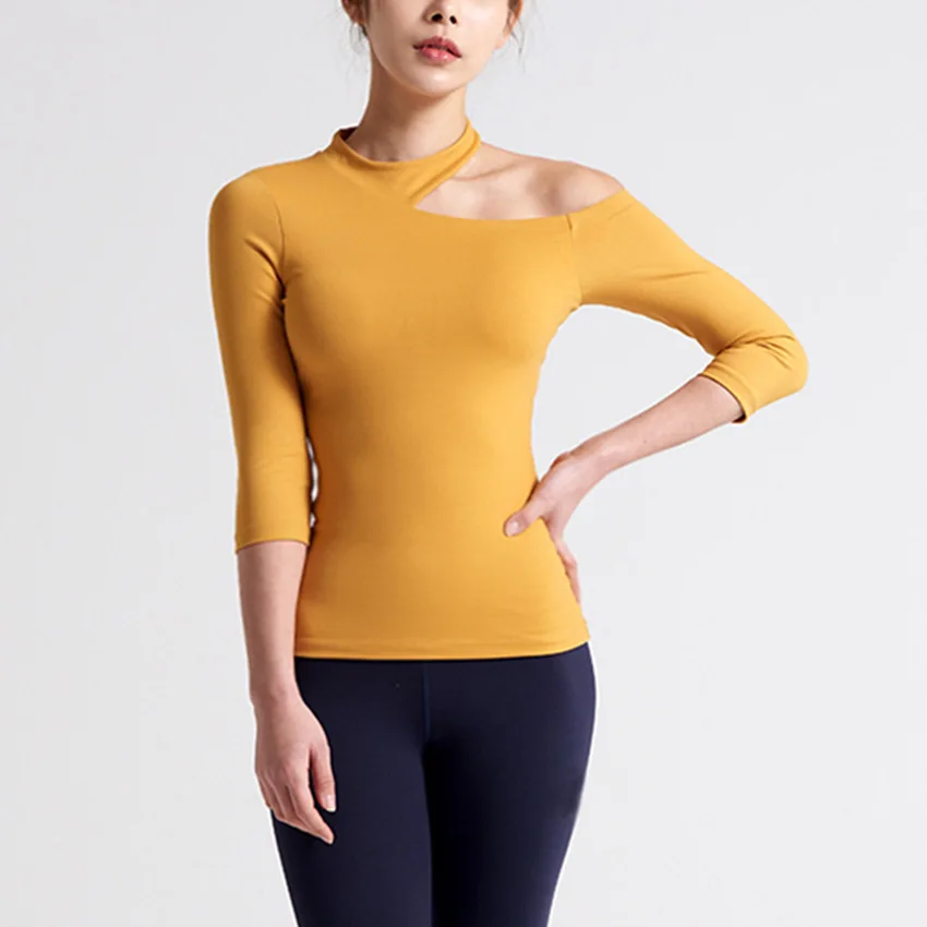 Off Shoulder Sports Tops Gym Women Three Quarter Sleelve Yoga Tops