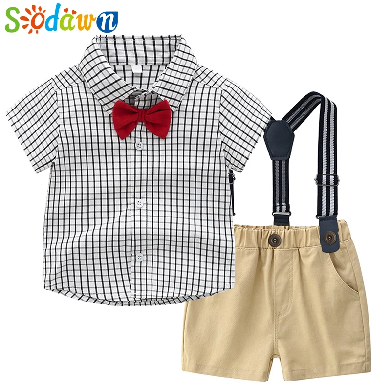 

Sodawn Children'S Clothing Gentleman Bow Plaid Short Sleeve Shirt + Strap Shorts 2 Piece Set Baby Boy Clothes