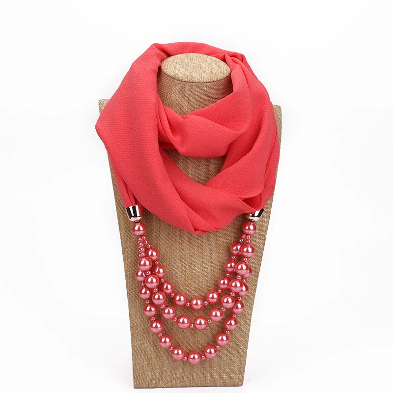 Простой шифон женский шарф из полиэстера с бисером хиджаб цена шарф с necklace ем дешевые LL180306 - Цвет: as the pic