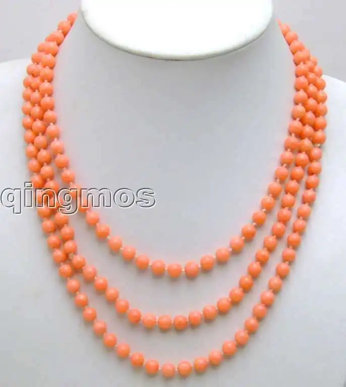 

SALE Beautiful Super Long 6-7mm Round Pink natural Coral Necklace -5621 wholesale/retail Free shipping