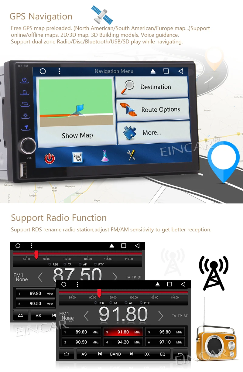 Top 2 Din Touch Screen Car gps Stereo Android 7.1 Autoradio In Dash GPS Navigation FM Radio Support SD/USB//Wifi/OBD2/1080p+Camera 5