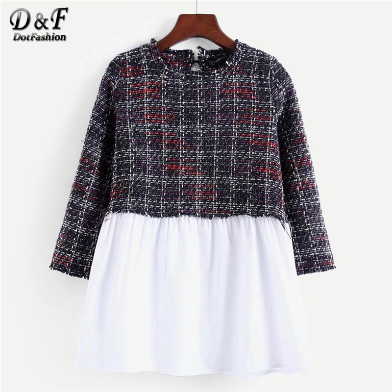 

Dotfashion Plaid Key Hole Back Contrast Tweed Blouse 2019 Autumn Women Casual Tops Spring Round Neck Long Sleeve Pullovers Shirt
