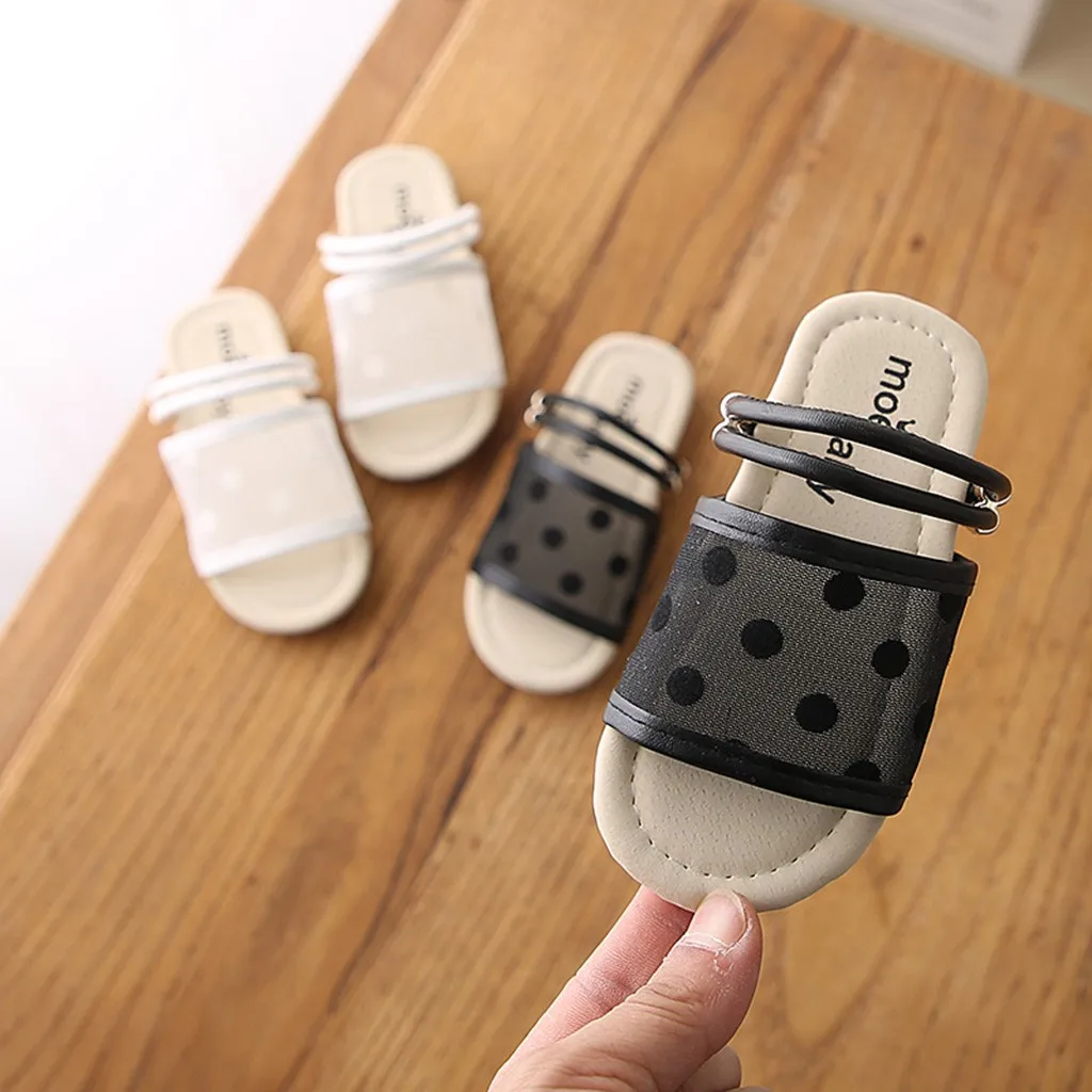 

Boys and girls polka dot flat shoes fashion with two wearing sandals and slippers unisex dot mesh flat slippers strap shoes