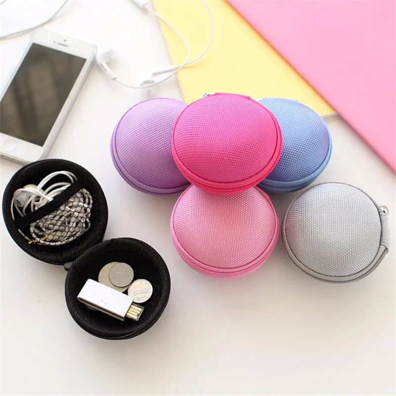 1pc Round Earphone Earbuds Storage Bag Protective Usb Cable Organizer