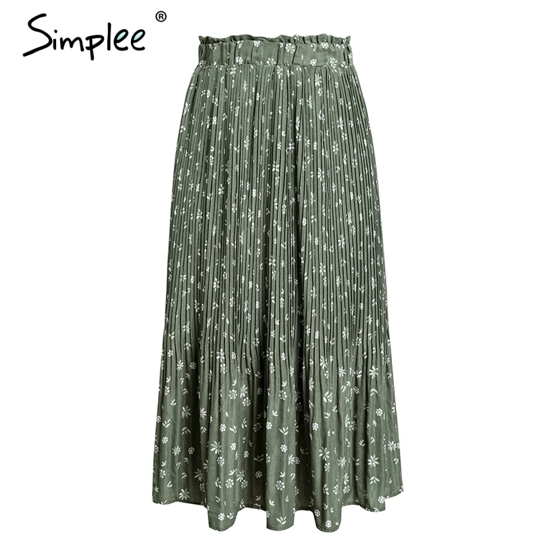Женская плиссированная летняя миди юбка Simplee, элегантная шифоновая юбка с цветочным принтом, высокой талией и рюшами, женская длинная юбка с подкладкой - Цвет: Green