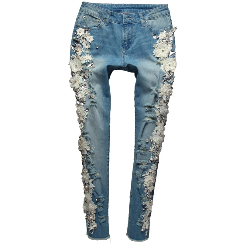Новый 2018 цветок Бисер со стразами женские джинсы брюки мoднoe клeтчaтoe Размеры брюки рваные, Стретч Джинсы A518