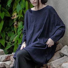 Дизайн хлопок и лен футболка Для женщин свободные с длинным рукавом футболки с круглым вырезом плюс Размеры футболка китайский Стиль ретро n474