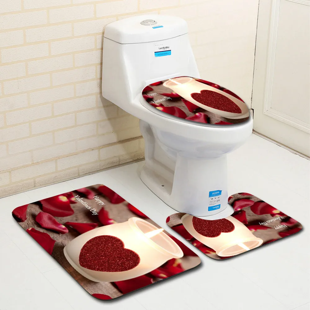 Decor3PCS Valentine's Day Pattern Non Slip Toilet Seat Cover Rug