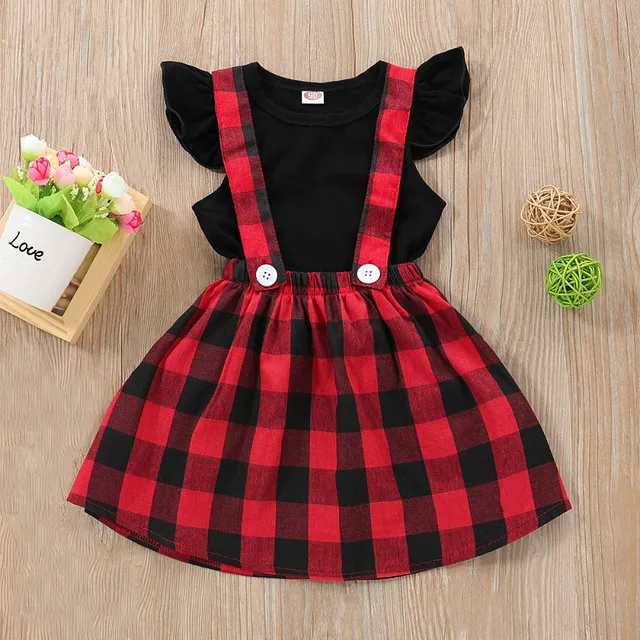 Summer Girl Toddler Princess Dress Kids Baby Party Pageant Plaid Sleeveless Black And Red