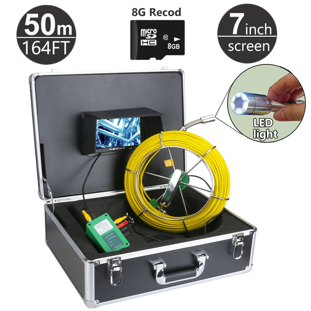 

50M/164ft Sewer Pipe Inspection Camera System DVR Function with 8GB Card 7" Monitor 1000TVL Snake Drain Waterproof Video Camera