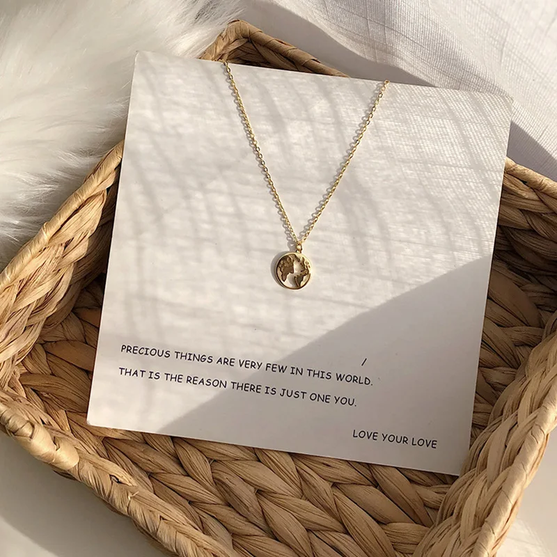 

2019 New Copper Material Gold Color Carved Map Pendant Necklaces For Women Minimalist Round Long Sweater Necklaces For Travel
