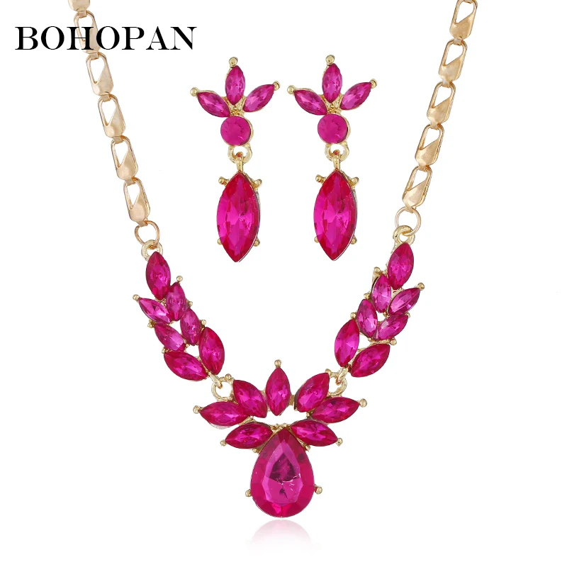 

Luxury Jewelry Set Women 3 Color Gem Fashion Necklace&Earrings Flower Shape Exquisite Party Jewelry Sets Statement Bijoux 2018