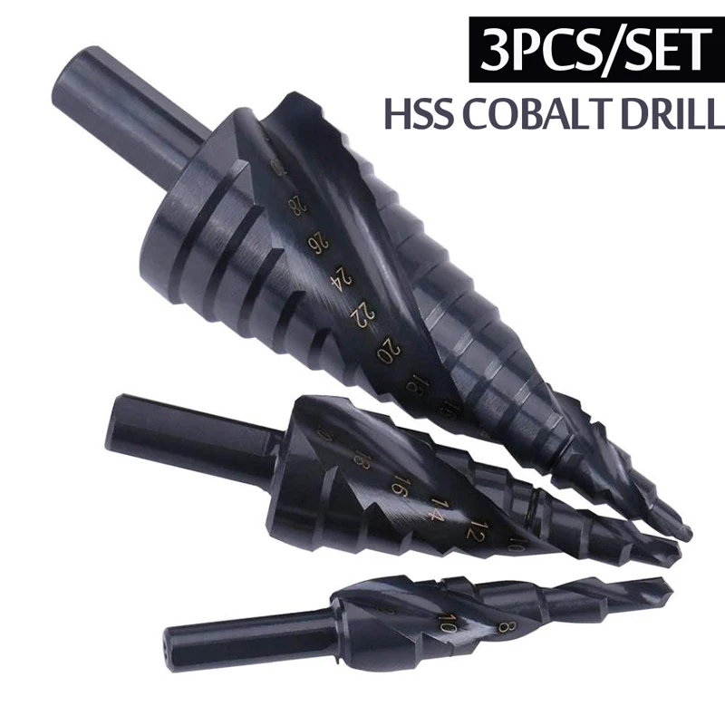 

3PCS/SET 4-32MM HSS Cobalt Step Stepped Drill Bit Set Nitrogen High Speed Steel Spiral For Metal Cone Triangle Shank Hole