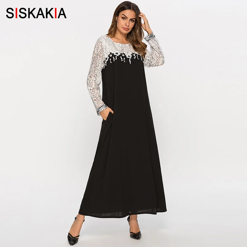 

Siskakia lace See Through Patchwork Women Long Dress Spring Summer 2019 Elegant Maxi Dresses New Arrival Black White Color Block