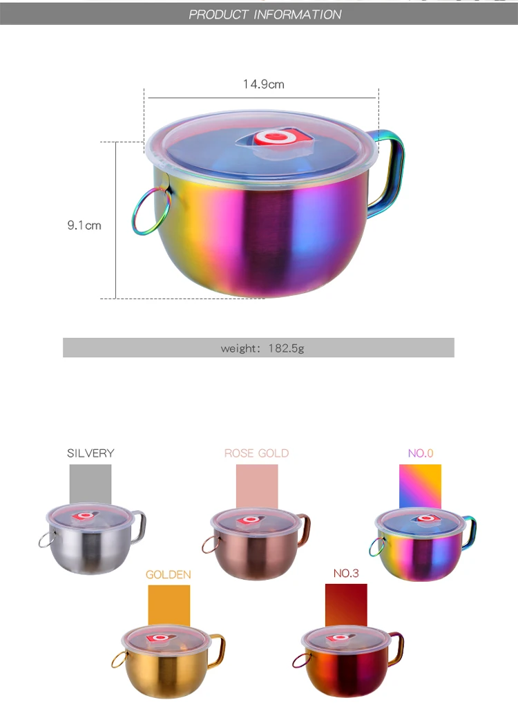 Новинка 304, нержавеющая сталь, 5 цветов, Китайская лапша быстрого приготовления, чаша с ручкой с крышкой, контейнер для еды, посуда для супа, риса, салата