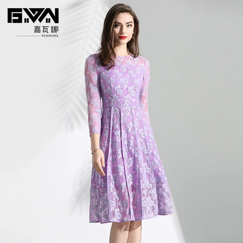 

GYALWANA Purple Lace Dress 2019 Early Spring Long-sleeved Office Lady Long Sleeved O-neck High End Elegant A-line Dresses Women