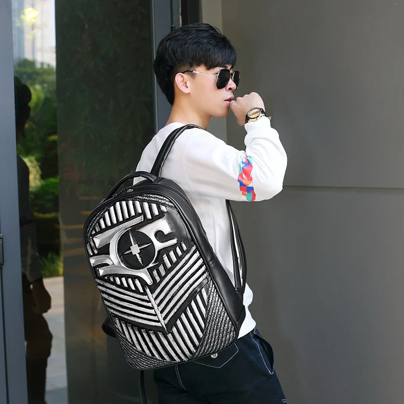 

New 3D backpack men's backpack creative bullet rivets PU computer bag student bag