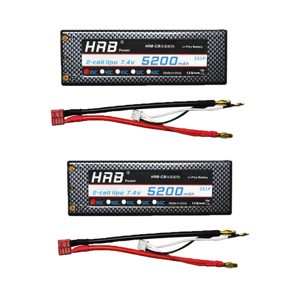 

2pcs HRB RC Hard Case 7.4V 5200mah 35C-70C with Banana Connector Battery Car Lipo 2S Battery Bateria For RC Car Truck Quadcopter