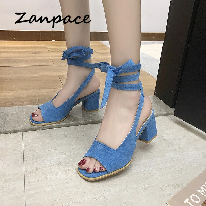 

Large Size 43 Women Sandals Flock Thick Heel Gladiator Womens Shoes Europe Dress Roman Style Bow High Heels Sandales Femme 2019