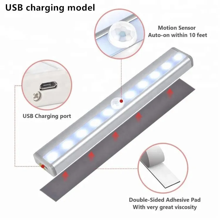 USB Перезаряжаемый под шкаф светильник ing 10Led PIR датчик движения Ночной светильник WW/W портативная наклейка беспроводной внутренний шкаф светильник