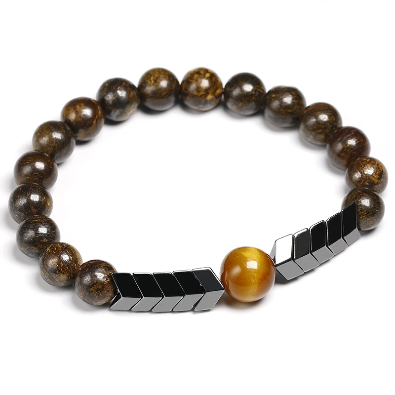 Natural 8MM BRONZITE Stone Beads With 10MM Tiger Eye Strand Bracelet Arrow Hematite Bracelet Men Best Gift Jewelry