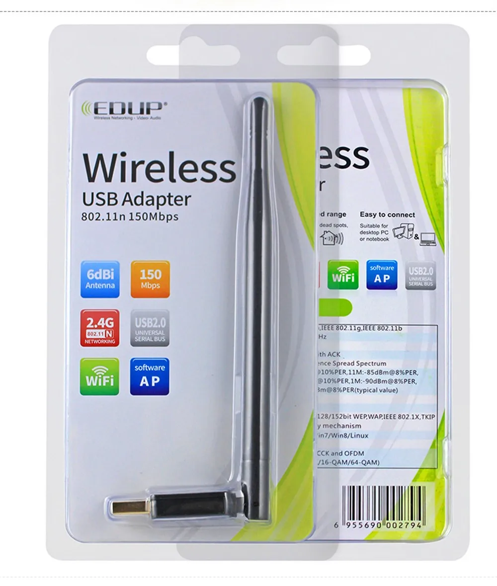 Беспроводной wifi адаптер EDUP с 6dBi антенной 2,4G 802.11n/g/b мини-usb Wi-Fi карта для windows Vista 7 8 Linux Mac OS Бесплатная доставка