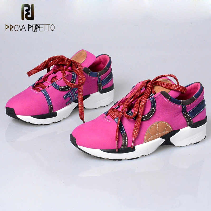 

Prova Perfetto New Arrival Novelty Genuine Leather Bordered Mixed Color Shoes Appliques Lace Up Shallow Wedge Heel Shoes