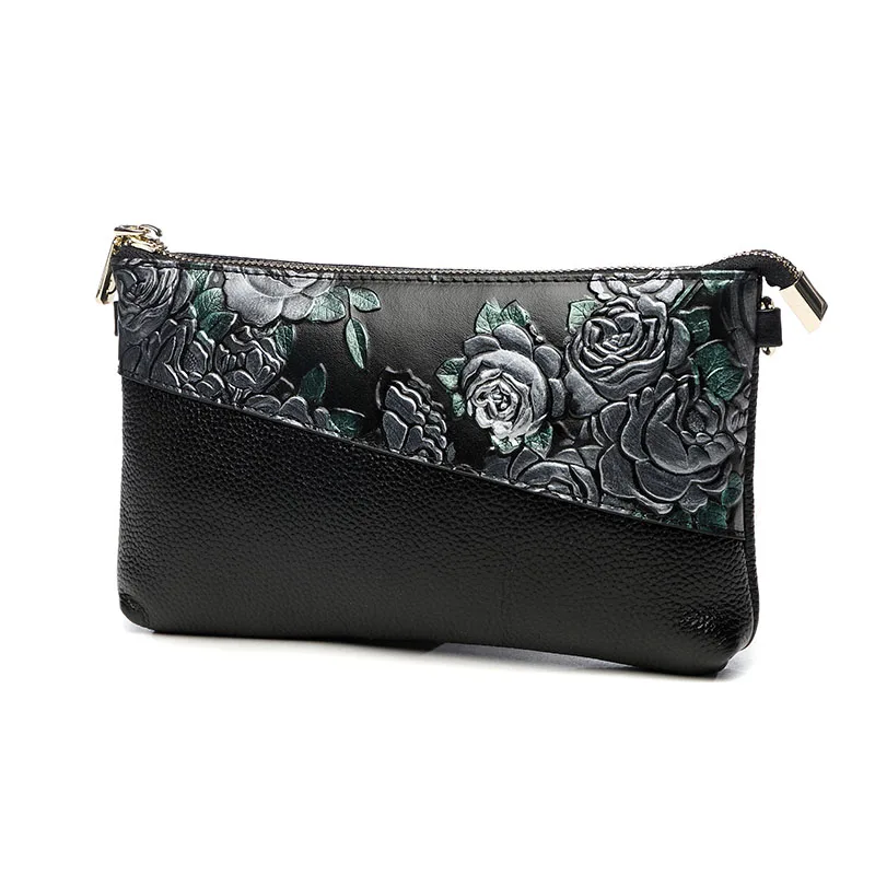 

Lady Genuine Leather National Flowers Cover Envelop Bag Women Wristlet Crossbody Messenger Hand Clutch Bag Chains Shoulder Bag