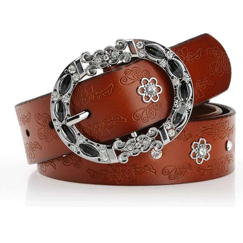 

winter women jeans leather belt rhinestone buckle belts for women genuine leather brown color fashioner design