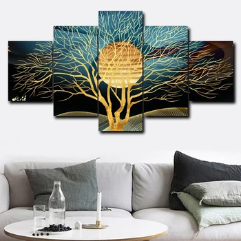 

5 Pcs Nordic Decoration Home accessories Modern Abstract Gold Sun Tree Canvas Painting Poster Wall Picture for Living Room Decor