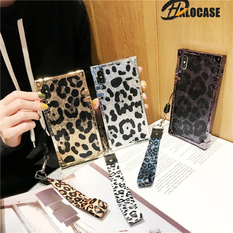 

HALOCASE Stylish Luxury square metal frame leopard Flash With Hand strap shell for iphone 6 7 8 plus X XR XS MAX phone case