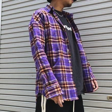 Фиолетовая/зеленая/синяя рубашка в клетку для мужчин и женщин, уличная модная Свободная рубашка в клетку с длинным рукавом, Мужская Хип-Хоп Верхняя одежда
