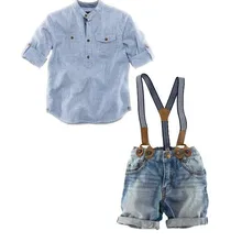 Новое поступление розничная модный комплект из 2 предметов для маленьких мальчиков повседневная рубашка+ джинсы на подтяжках комплекты детской одежды для маленьких джентльменов