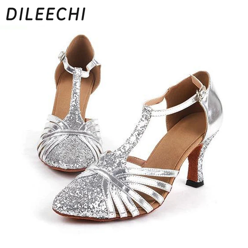 Женские туфли для латиноамериканских танцев DILEECHI красные/Серебристые из